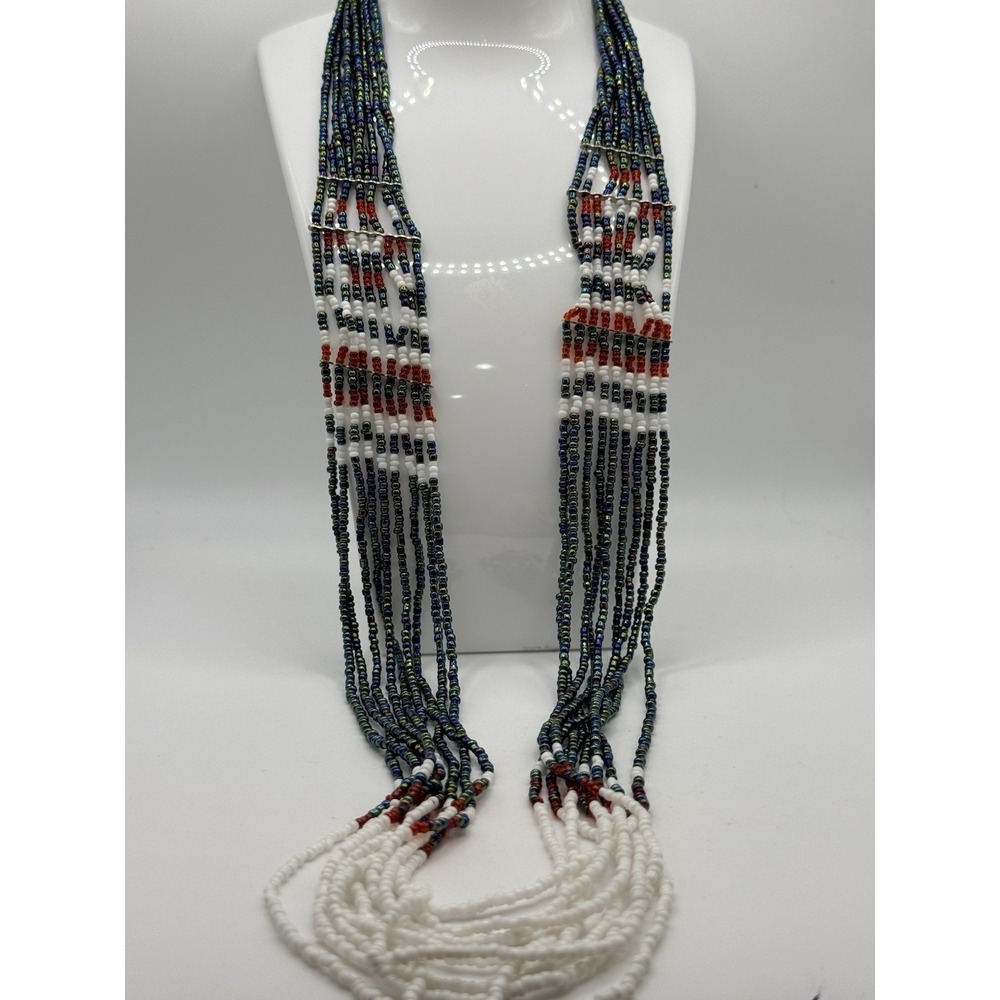 Handmade Seed Bead Necklace Long Oil Slick Peacock Red White Southwestern 29-32"
